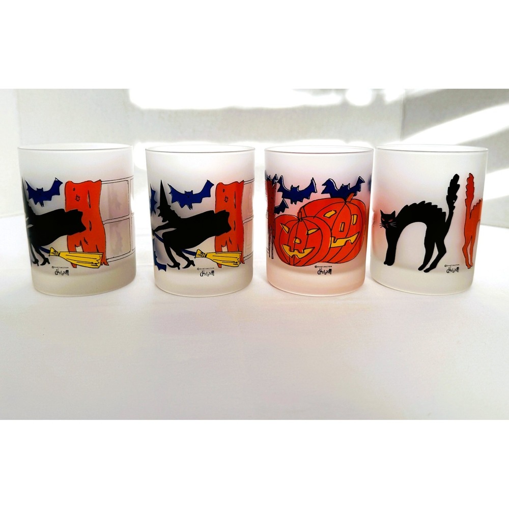 4 X Dartington HALLOWEEN Frosted Double Old Fashioned Glasses Pumpkins Witches